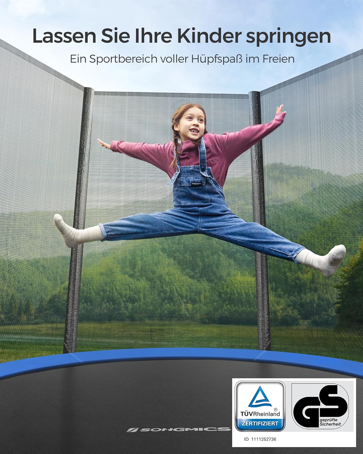 SONGMICS Trampolin Outdoor Ø 183cm. rundes Gartentrampolin mit Randabdeckung. mit Sicherheitsnetz. mit Leiter und gepolsterten Stangen