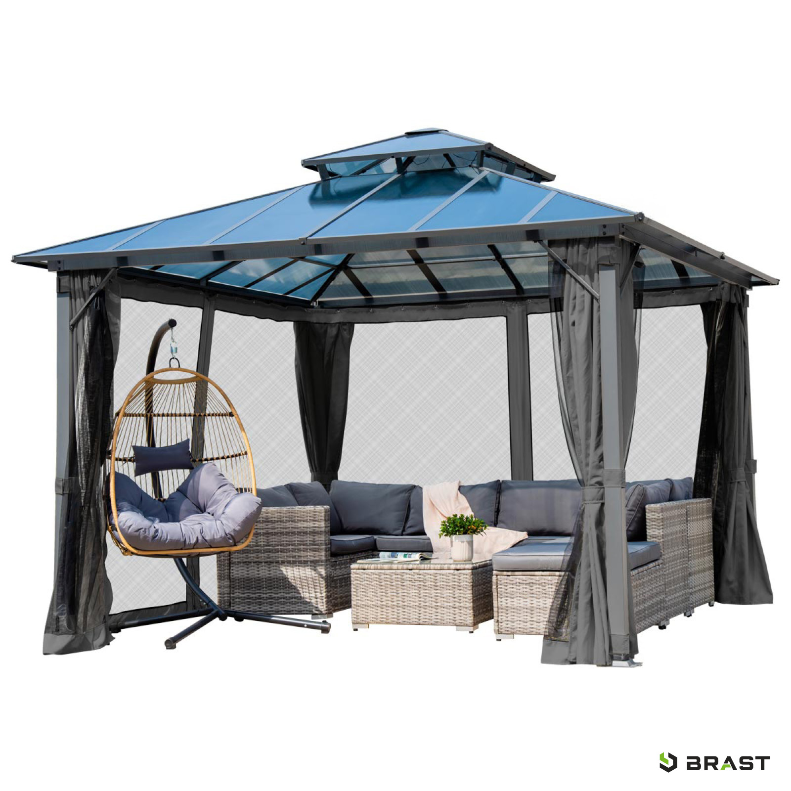 BRAST Alu Pavillon PAGODE 3.5x3.5m dunkelgrau mit Moskitonetz