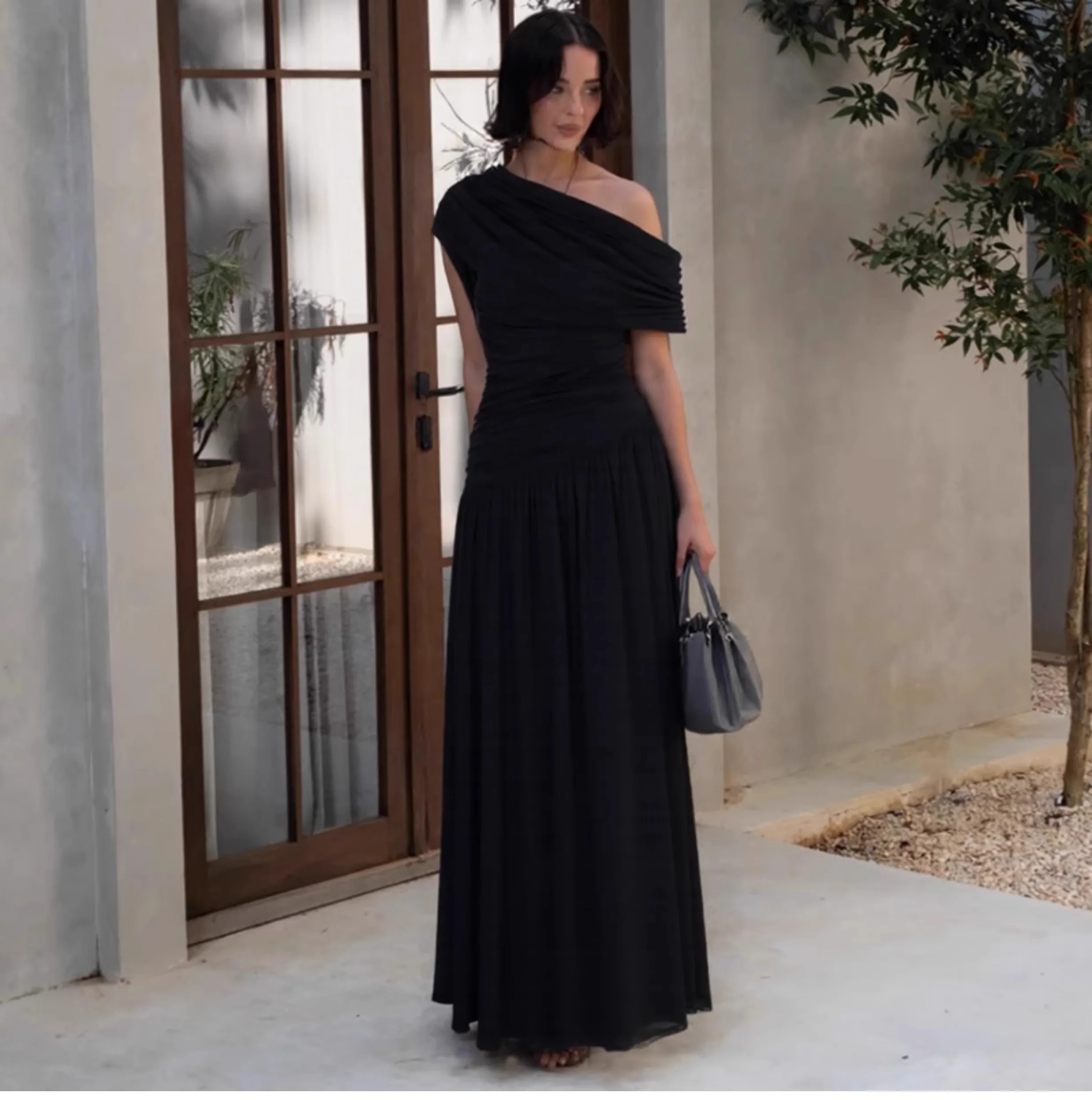 French Style Sloping Collar Off Shoulder Dress For Women In Summer, With Irregular Pleats And Elastic Slimming Long Skirt
