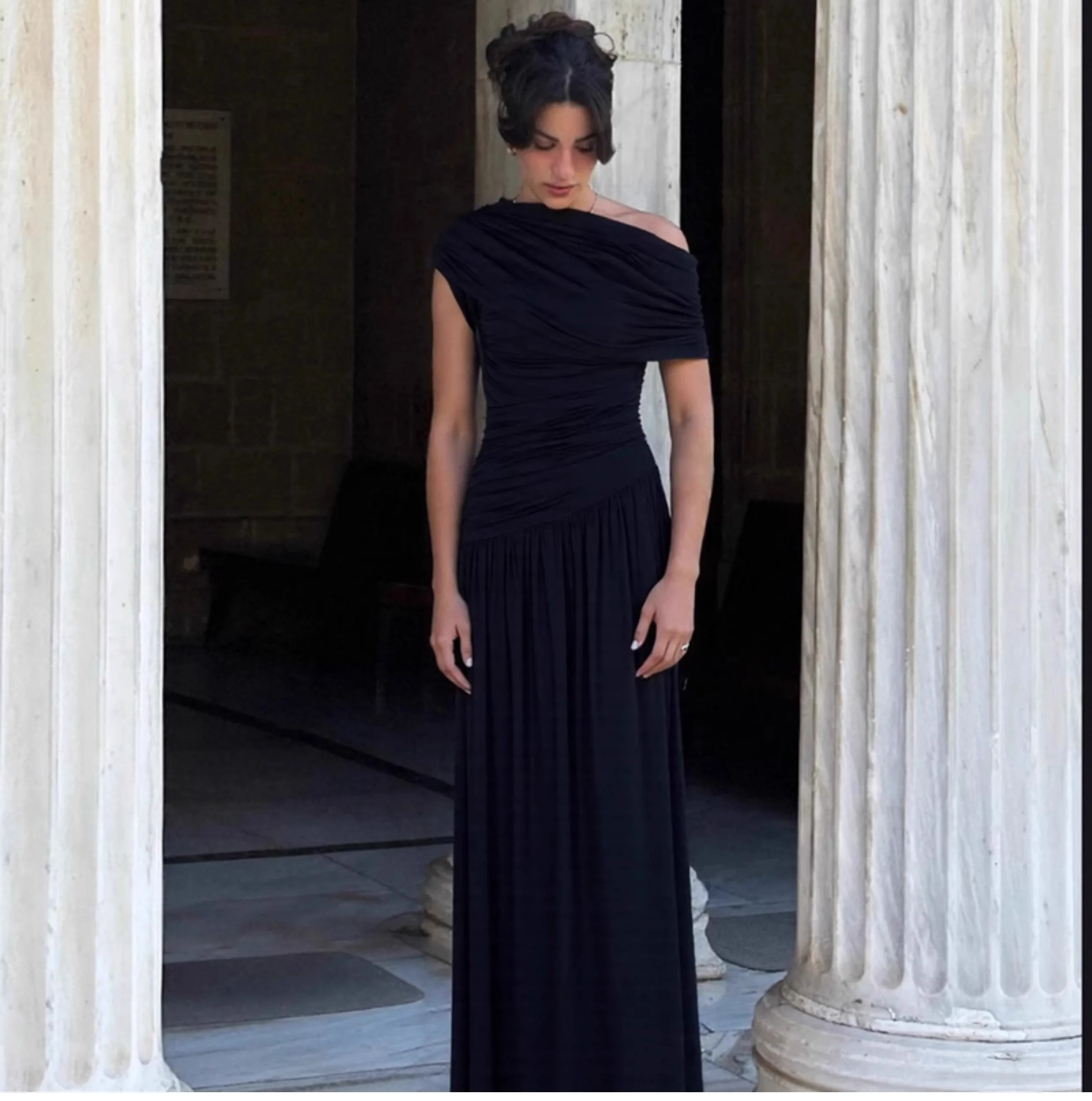 French Style Sloping Collar Off Shoulder Dress For Women In Summer, With Irregular Pleats And Elastic Slimming Long Skirt