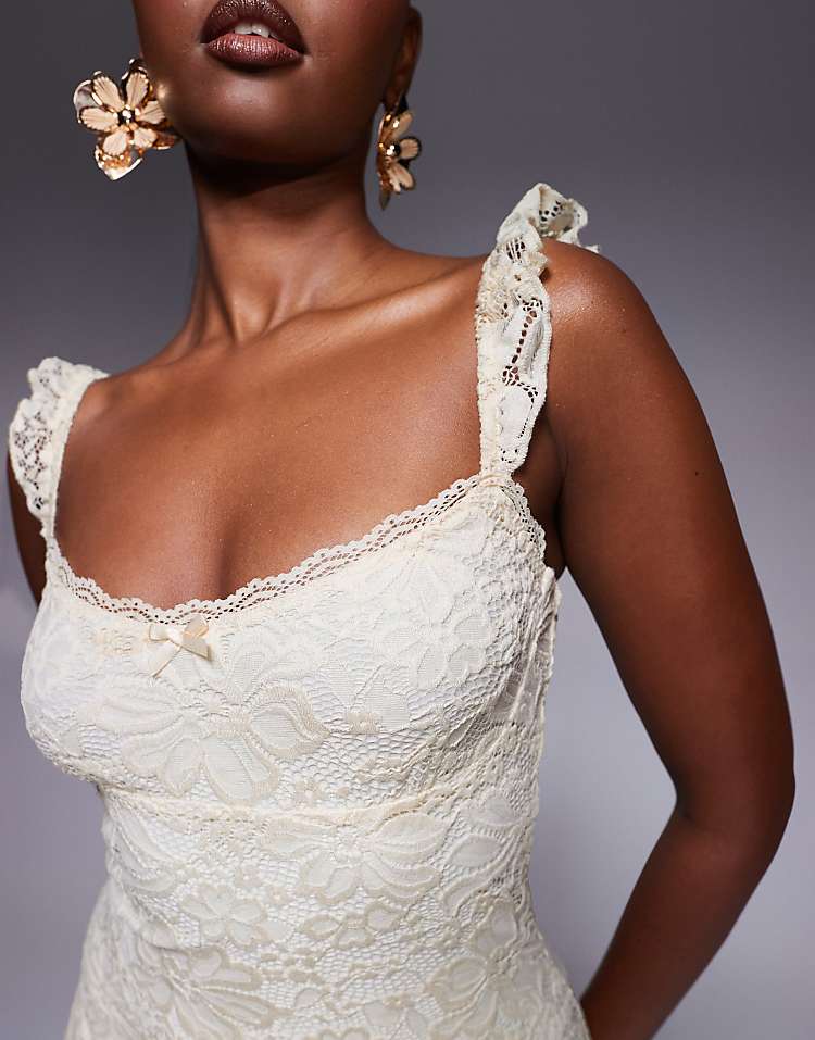 Princess Polly Beacall lace frill strap mini skater dress in buttercream