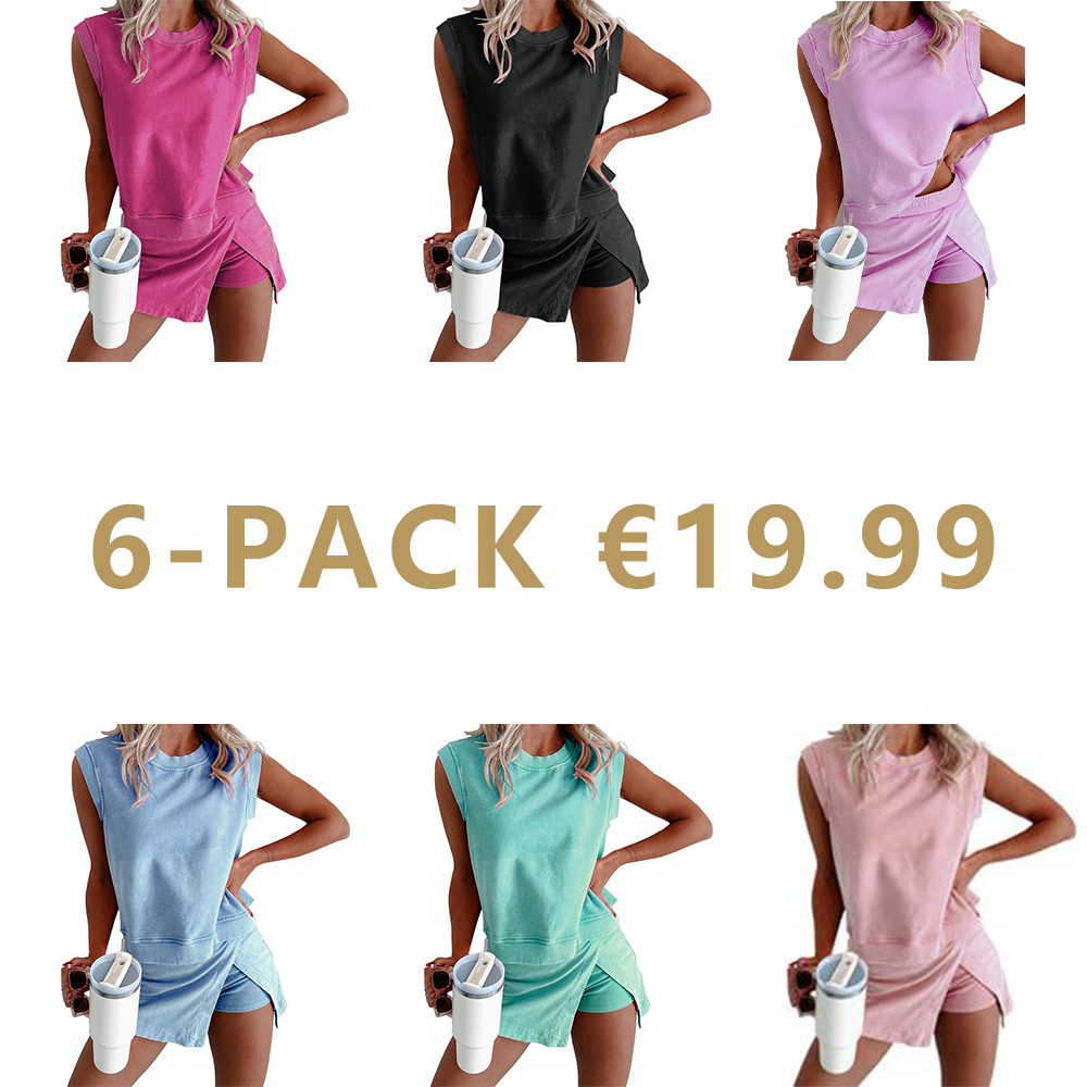 Mntaor Women's Casual Summer 2 Piece Mineral Wash Cotton Tank Top and Lined Split Skirt Set in Solid Color