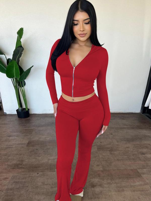 Women's Solid Zip Up Hooded Crop Tight Longsleeves Hoodie & High Waist Flare Leg Pants Set
