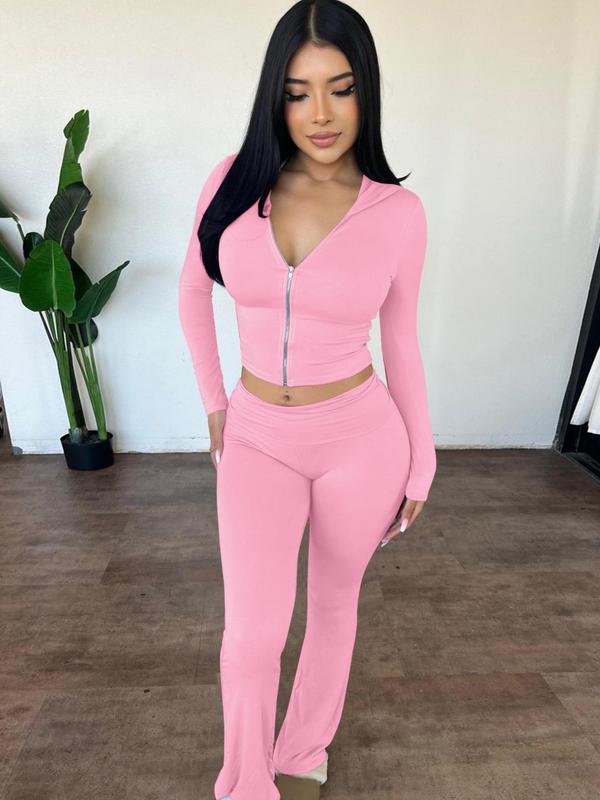 Women's Solid Zip Up Hooded Crop Tight Longsleeves Hoodie & High Waist Flare Leg Pants Set