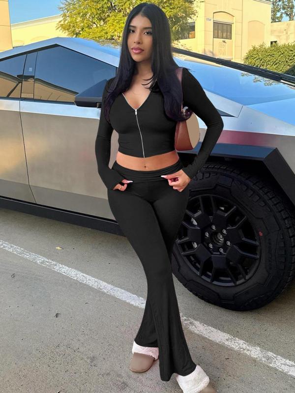 Women's Solid Zip Up Hooded Crop Tight Longsleeves Hoodie & High Waist Flare Leg Pants Set
