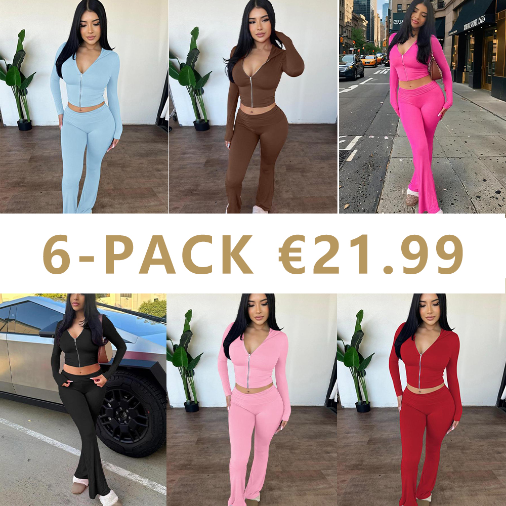 Women's Solid Zip Up Hooded Crop Tight Longsleeves Hoodie & High Waist Flare Leg Pants Set