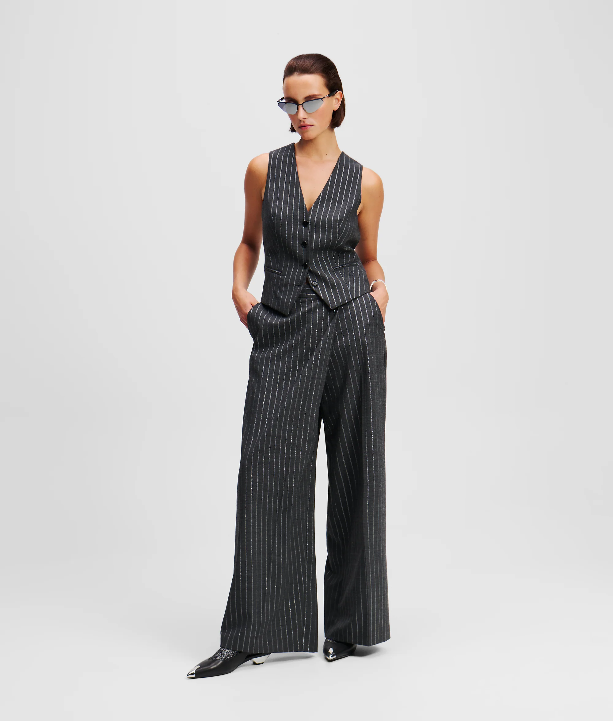 METALLIC PINSTRIPE WRAP PANTS