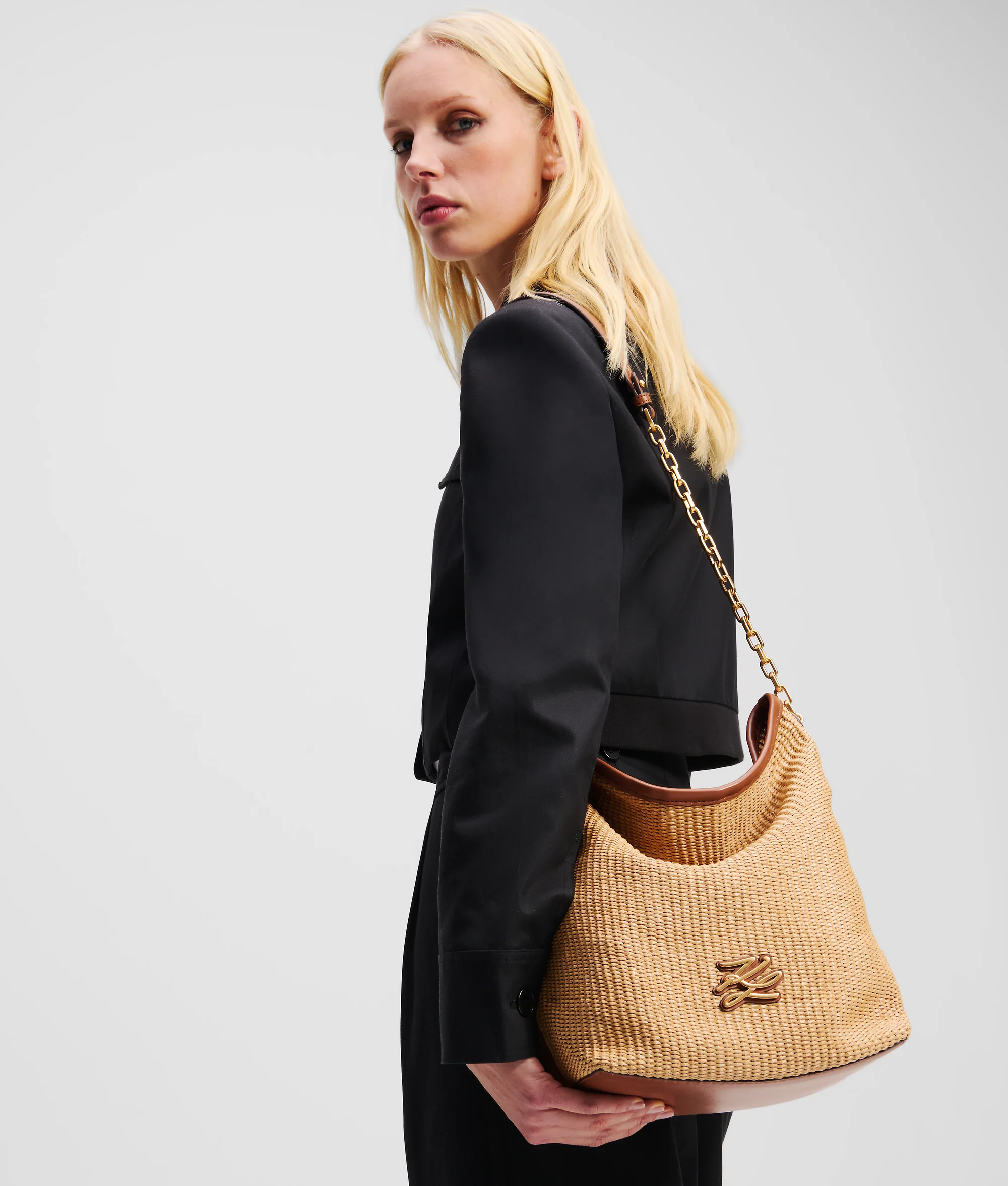 K/AUTOGRAPH RAFFIA MEDIUM BUCKET BAG