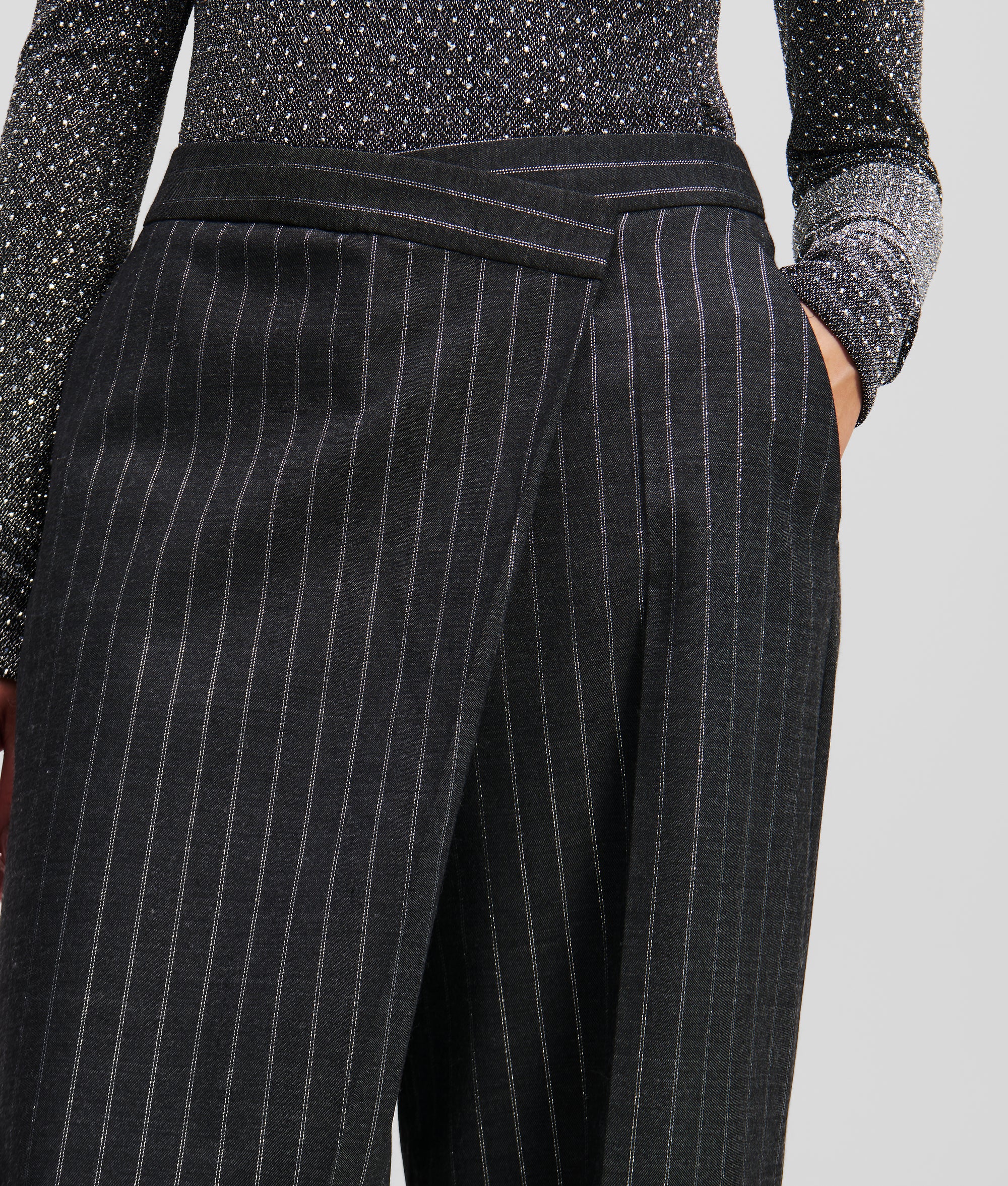 METALLIC PINSTRIPE WRAP PANTS
