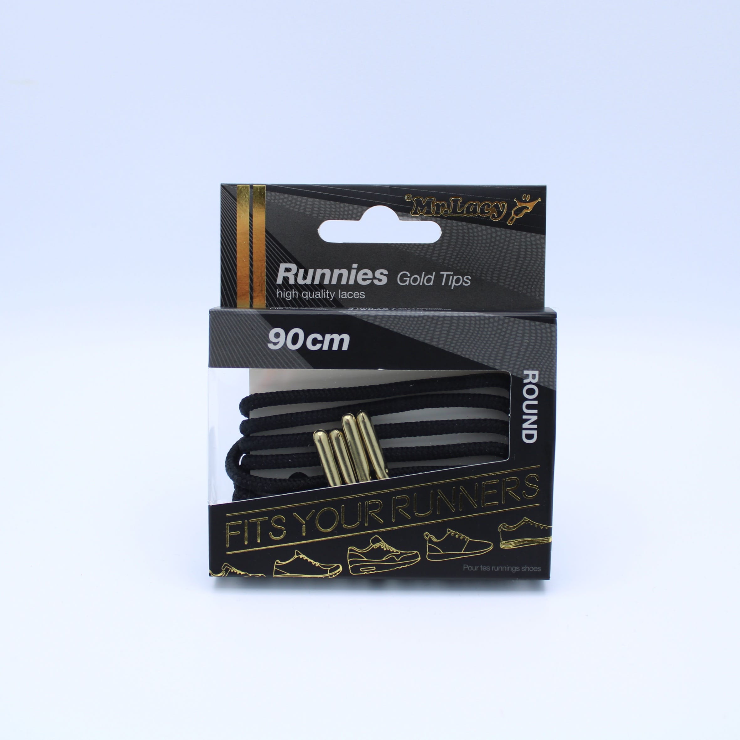 Runnies Round Metal Tips Shoelaces · Black with Gold Tip
