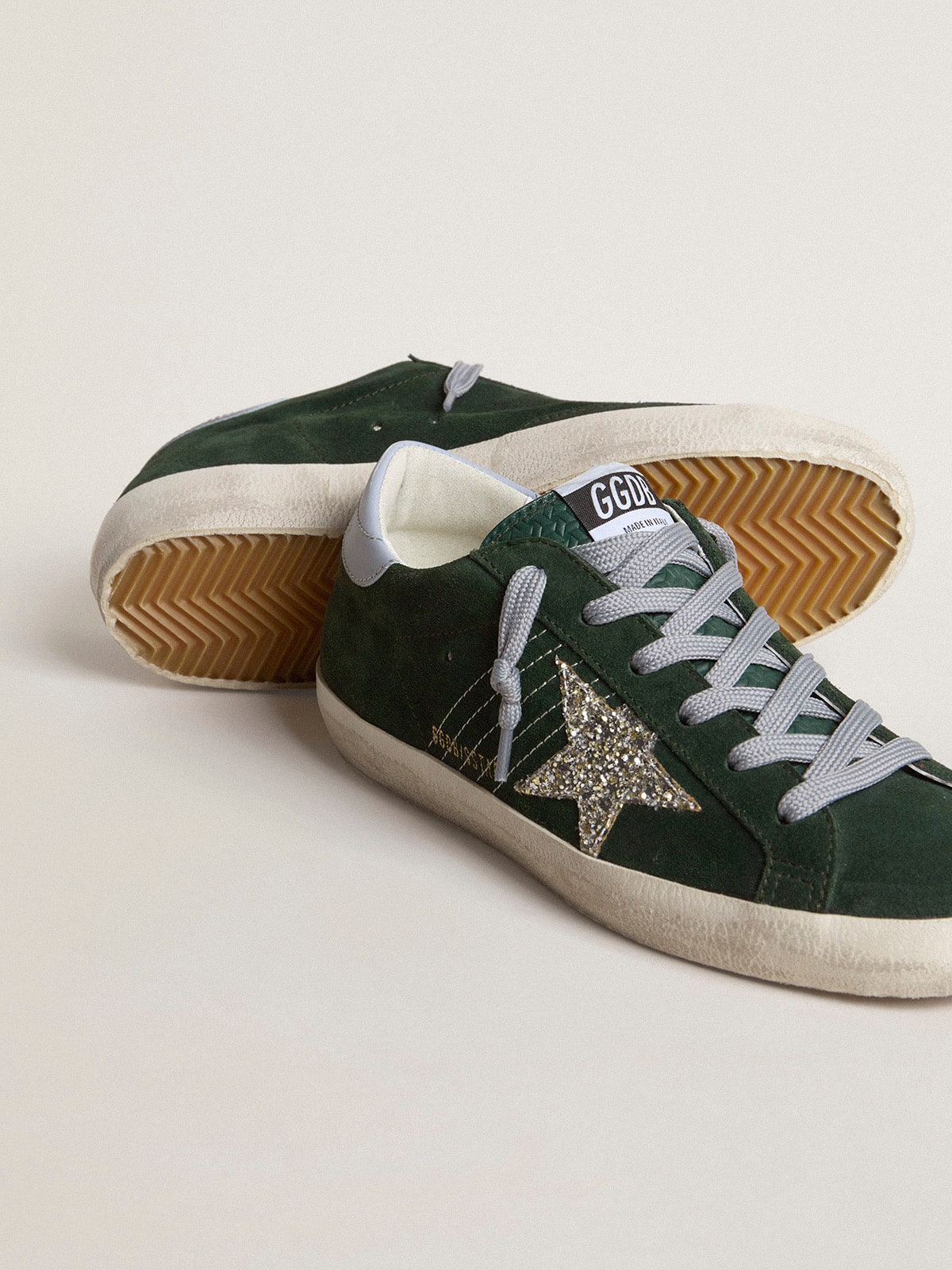 Women's Super-Star in green suede, silver glitter star and leather heel tab