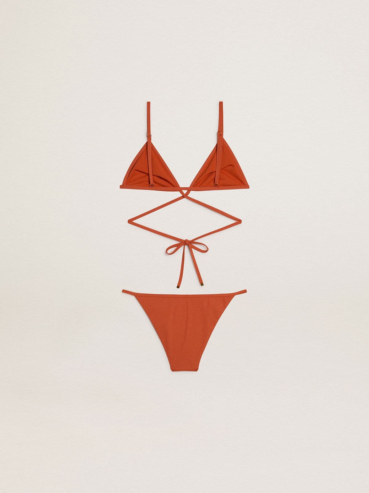 Women's bikini in brick-red ribbed jersey with lacing and gold details