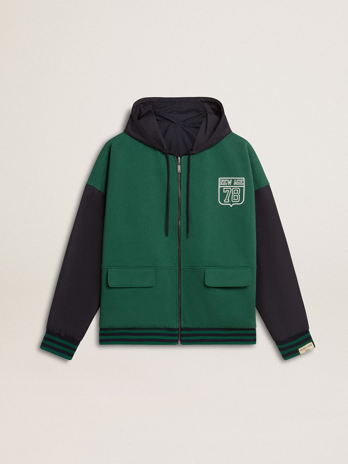 Men's green and blue reversible hooded sweatshirt