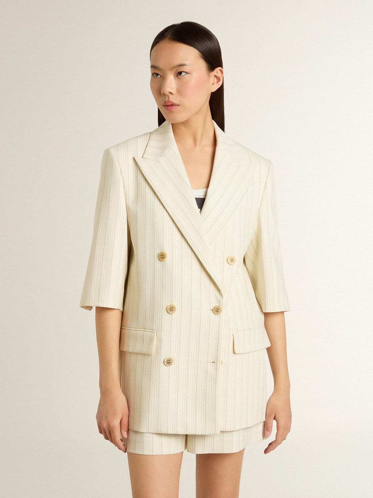 Women's blazer in white and gray pinstripe wool blend with short sleeves