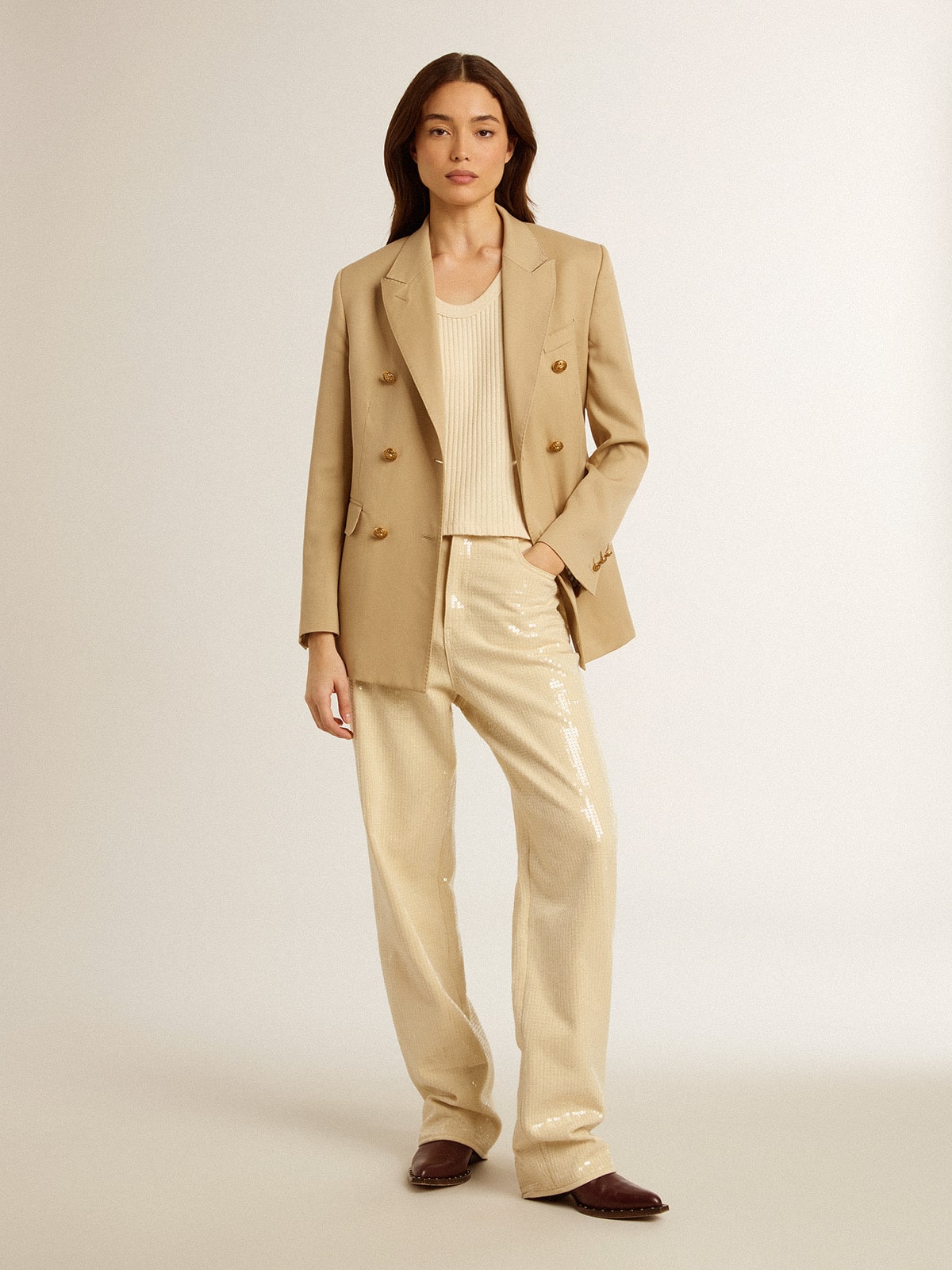 Ecru pants with transparent all-over sequins