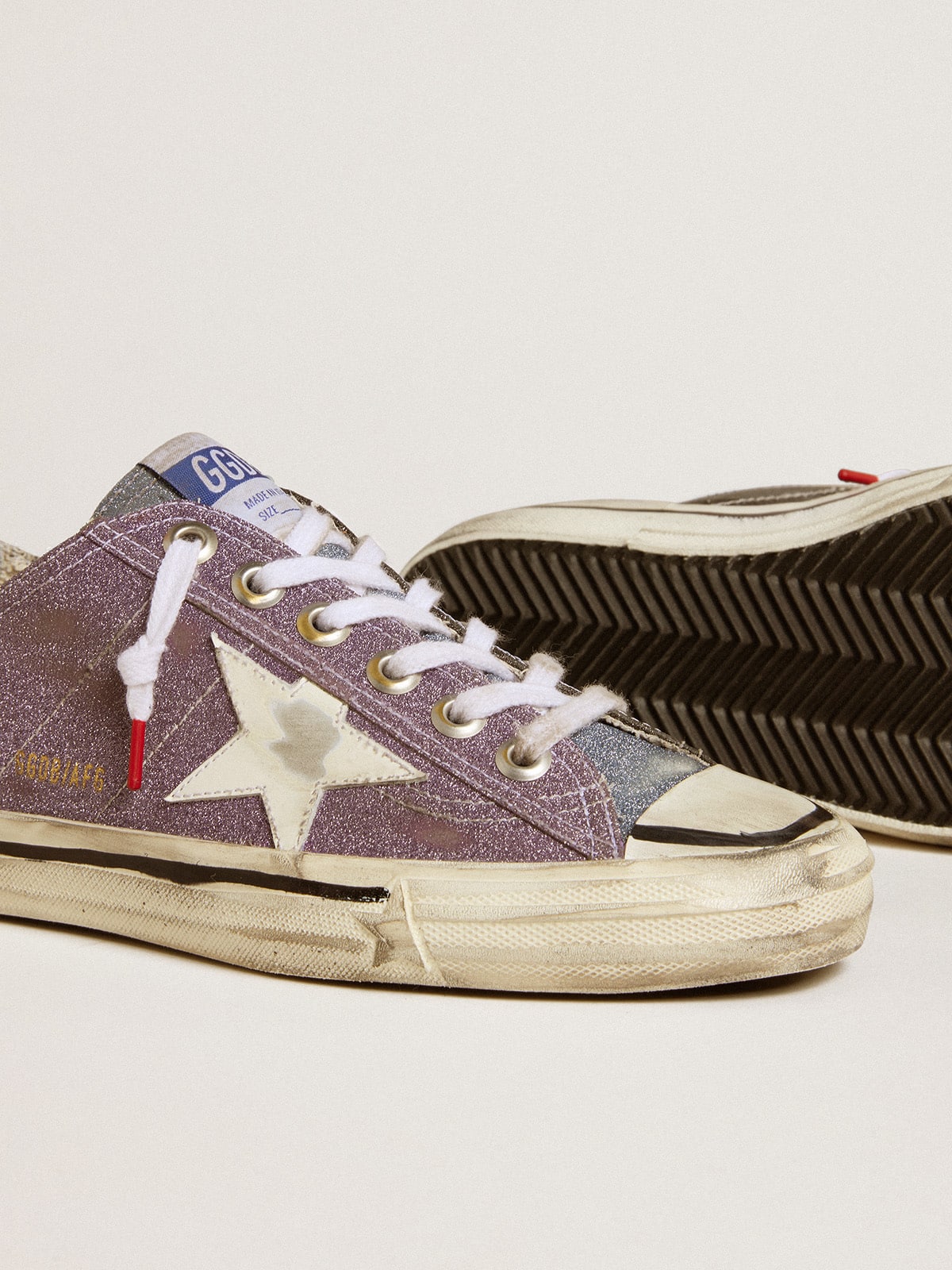 Women’s V-Star LAB in lilac leather and glitter with white star and silver glitter tongue