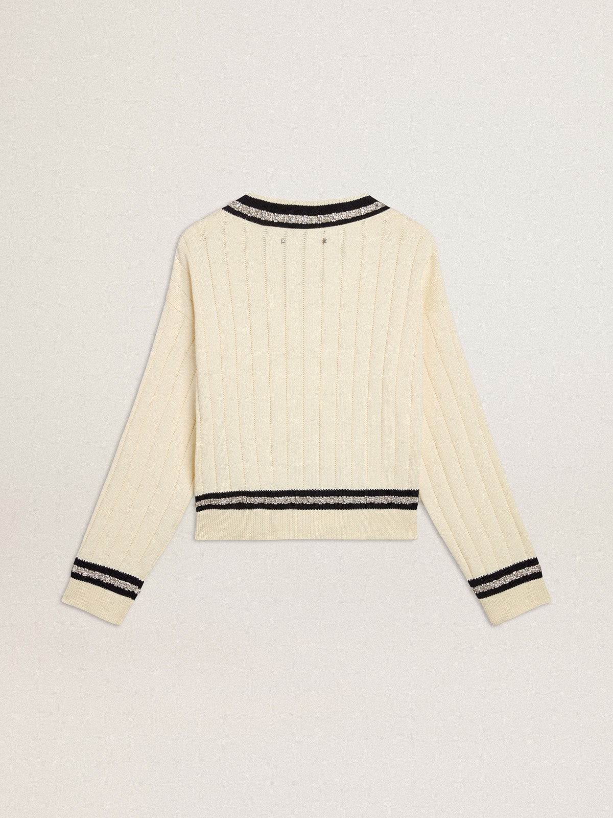 Women's cable-pattern cropped sweater with blue ribbing and crystals