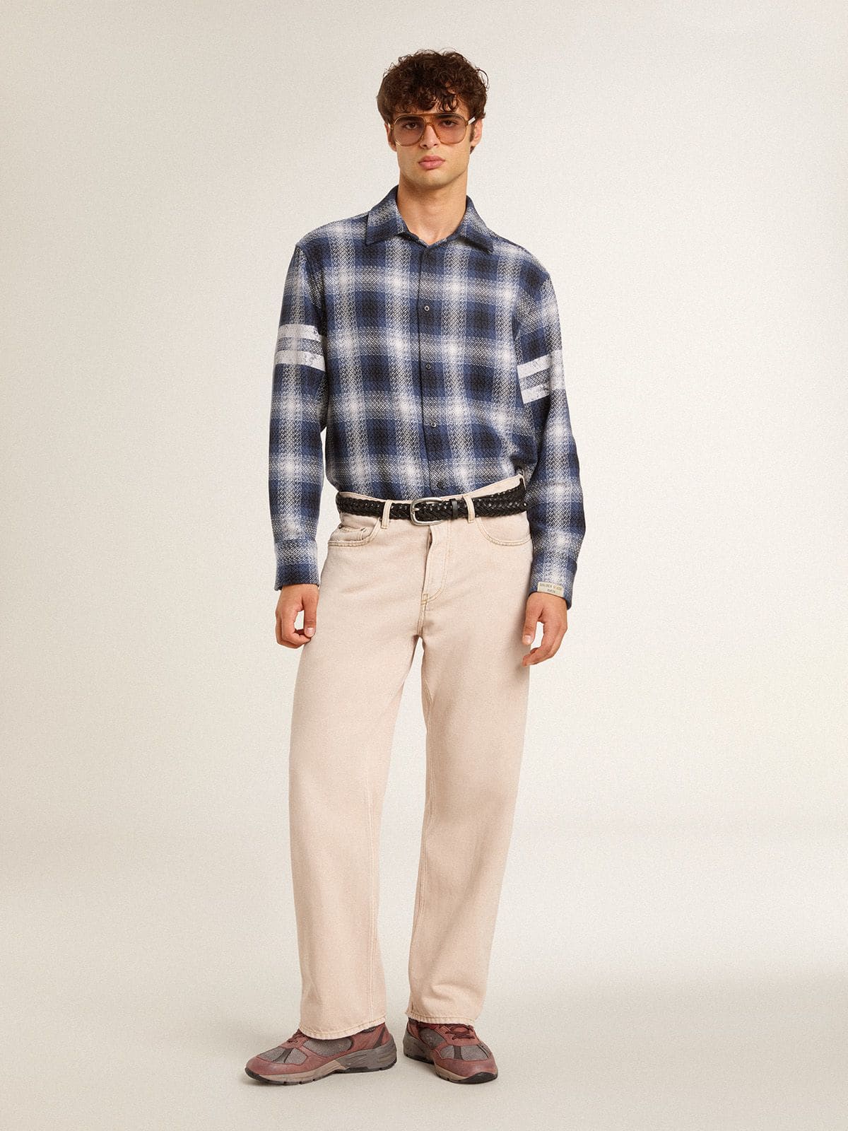 Men's blue 3D checkered shirt with print on the back