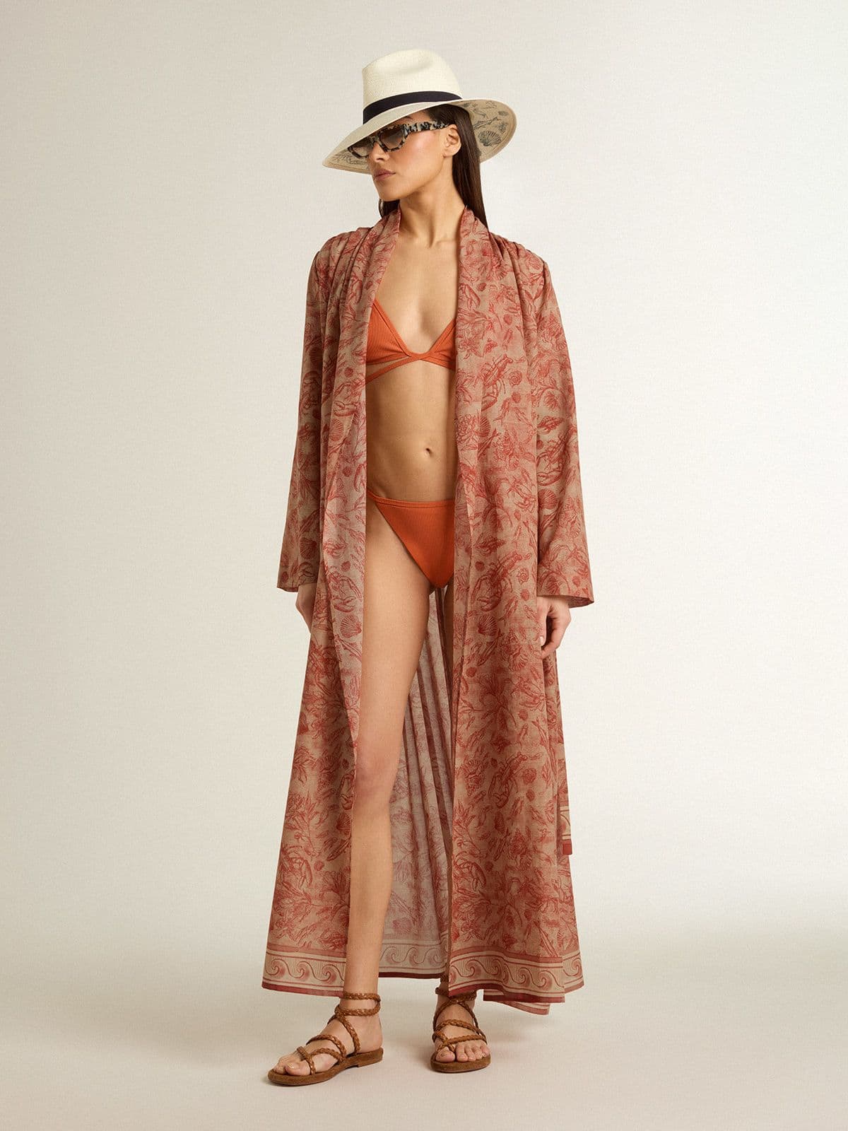 Women's kaftan in cotton voile with all-over brick-red marine print