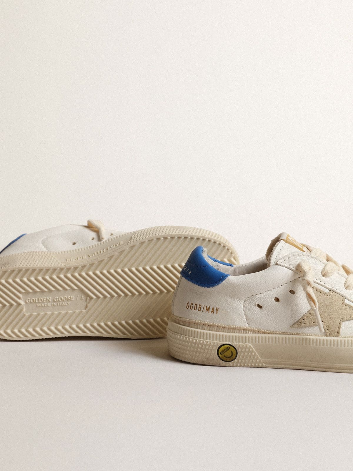 White May Teen with gray suede star and blue heel tab