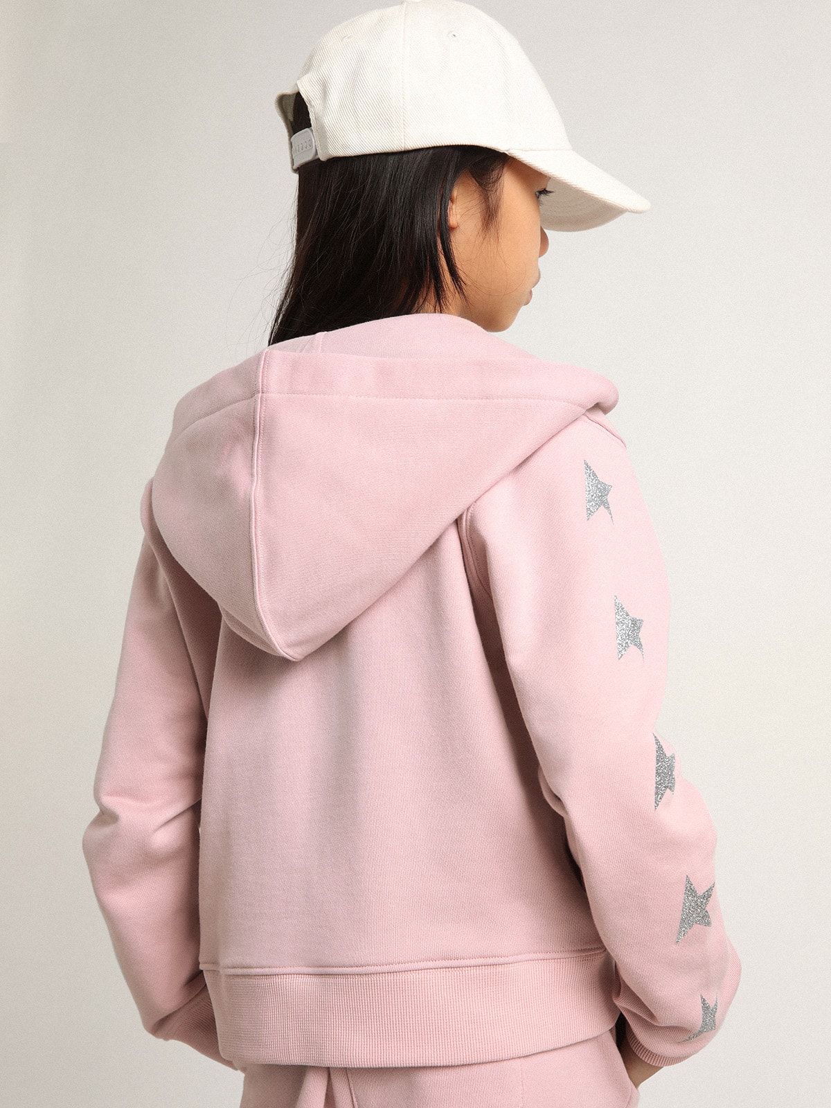 Pink sweatshirt with hood and silver glitter stars