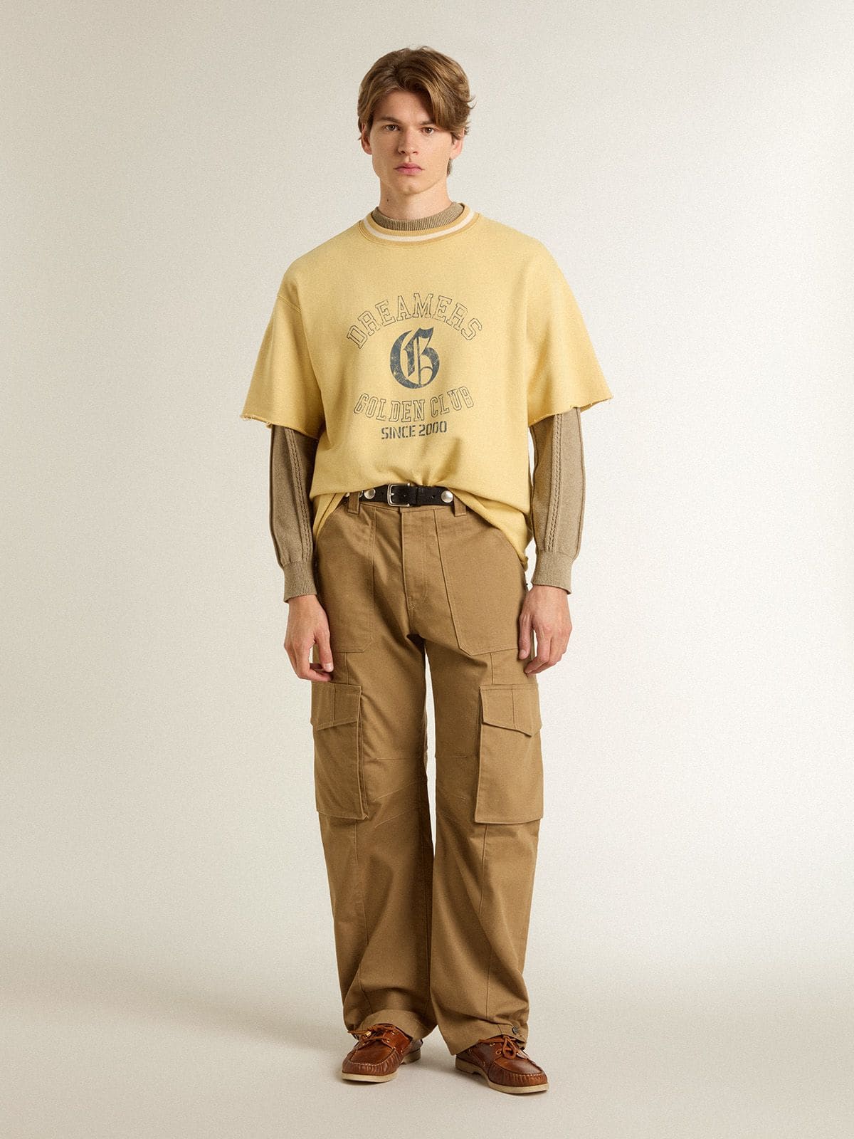 Men's oversized yellow cotton T-shirt with blue print