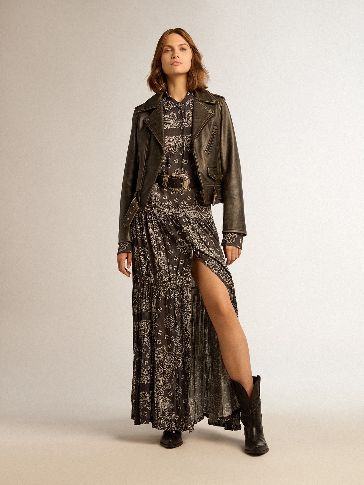 Anthracite-gray shirt dress with paisley print