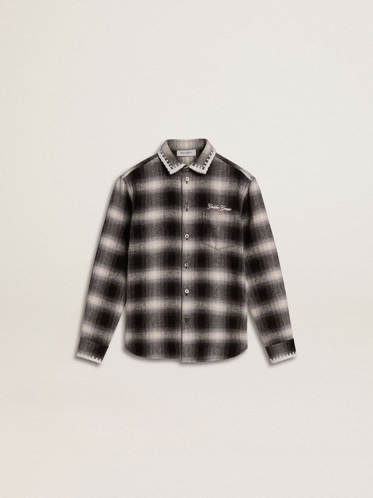 Kids' black and white checked shirt with white embroidery