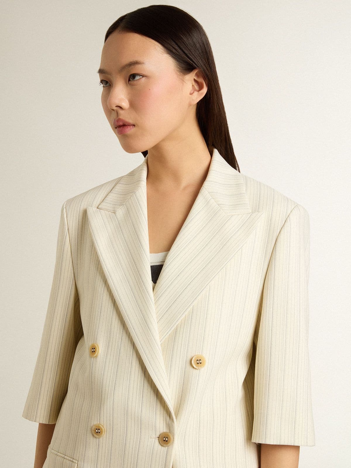 Women's blazer in white and gray pinstripe wool blend with short sleeves