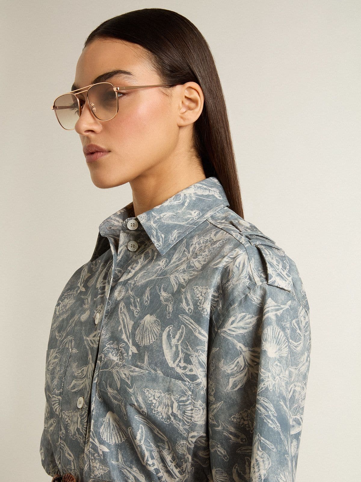 Women's short shirt dress in light blue cotton poplin with all-over marine print