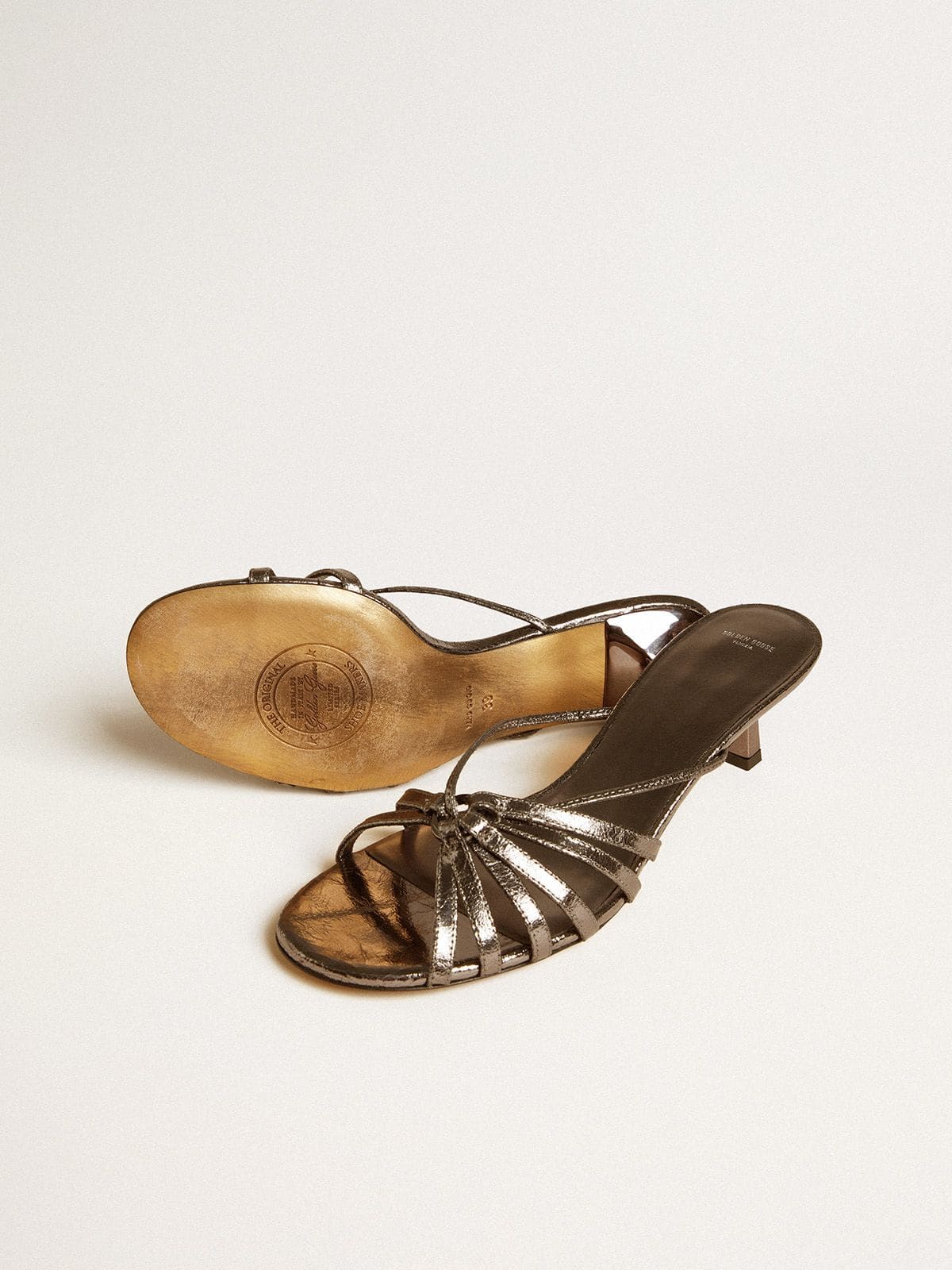 Nico kitten heel sandals in metallic gray leather