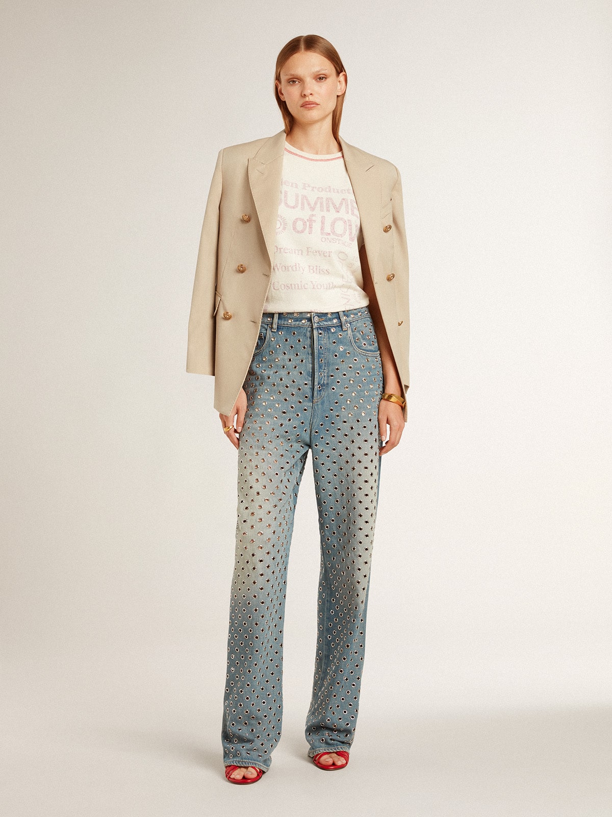 Nico high heel sandals in red nappa leather with gold chain