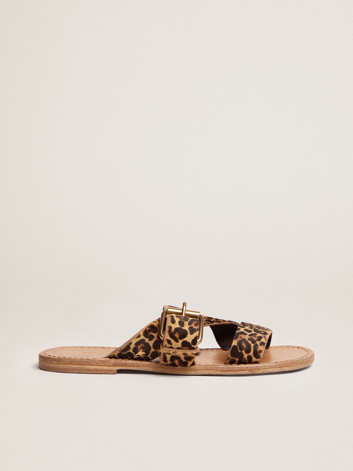 Women's Margaret flat sandals in leopard-print pony skin