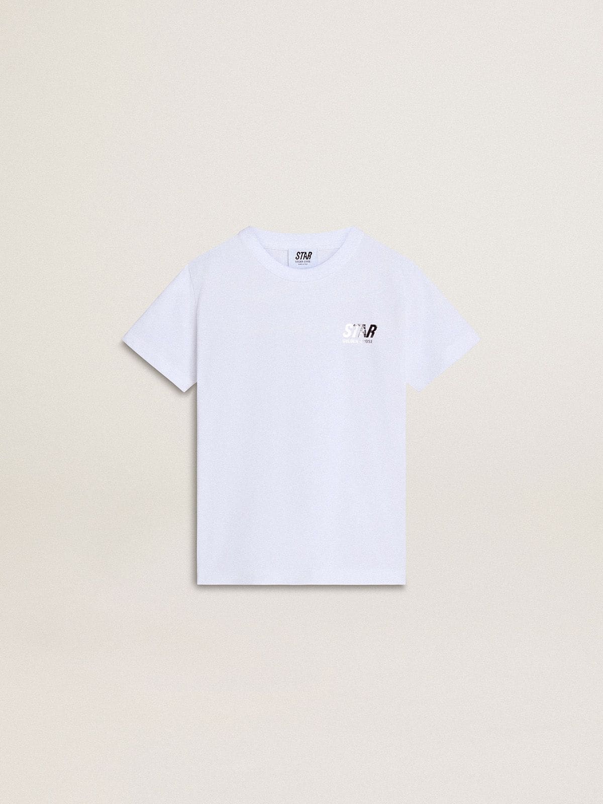 Kids’ white cotton T-shirt with silver print