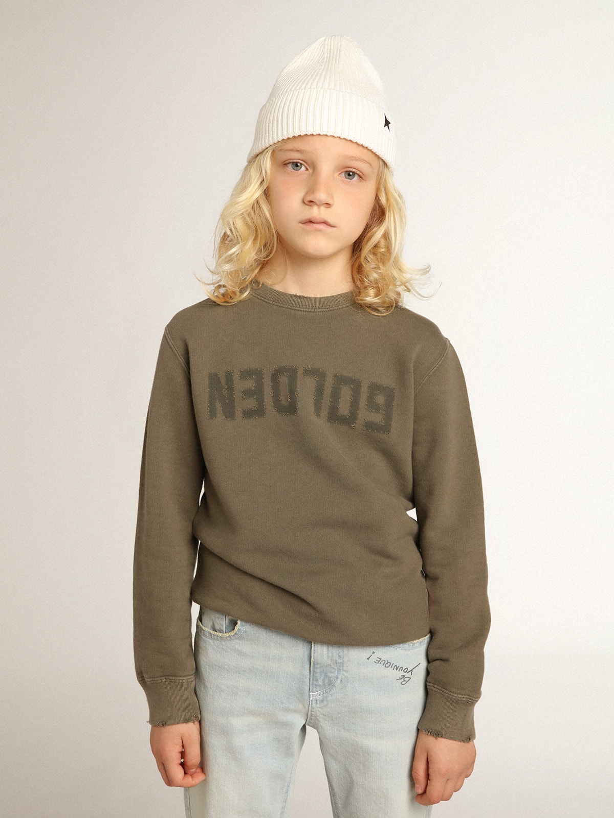 Distressed olive-green sweatshirt with Golden lettering on the front
