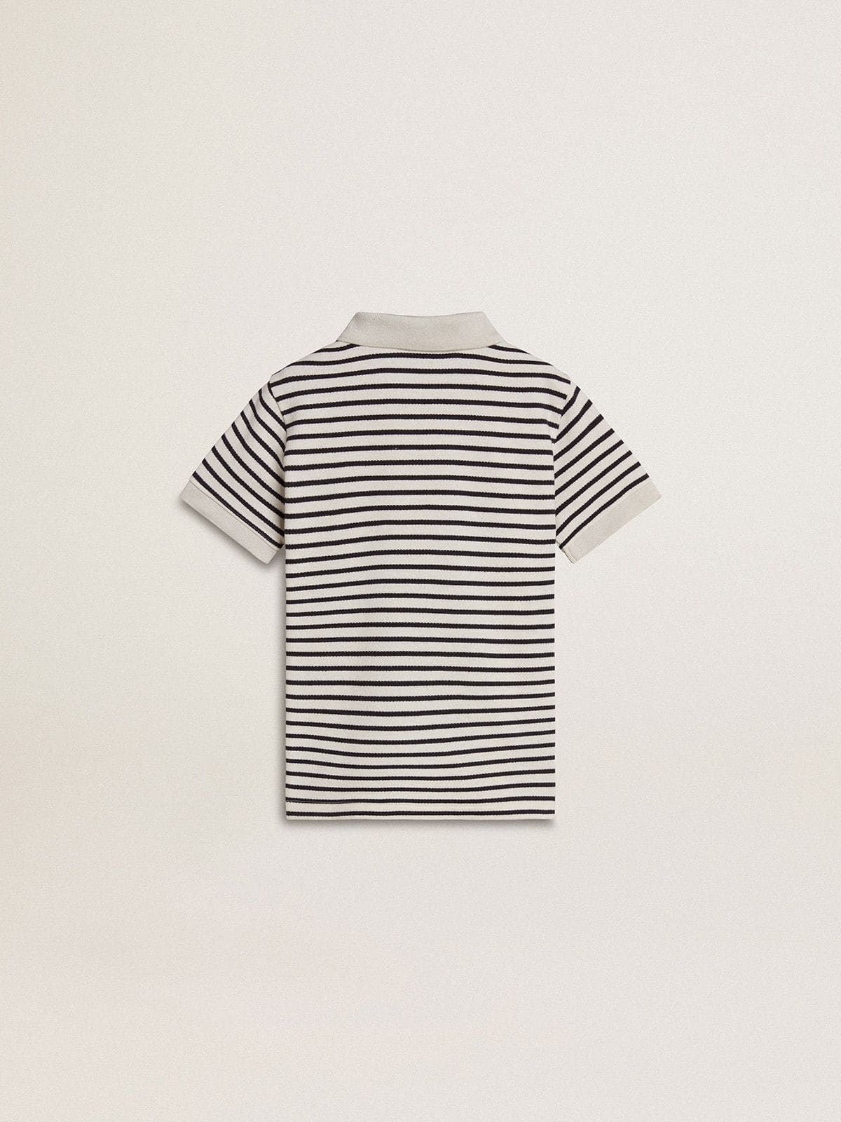 Boys' white cotton polo with navy blue stripes and embroidery