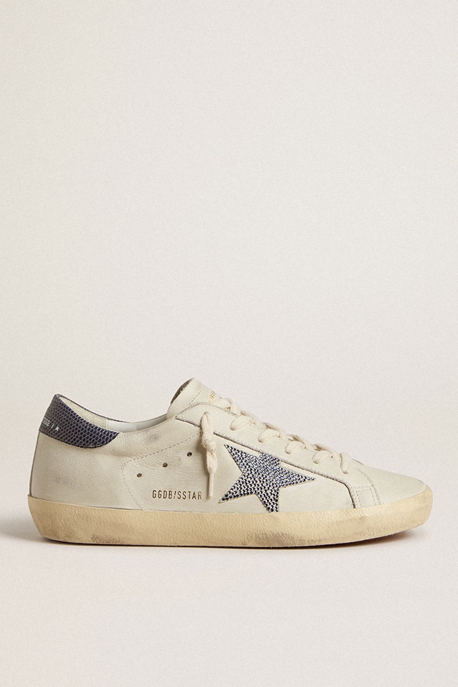Super-Star LTD with cream-colored leather star with Swarovski crystals and blue leather heel tab with lizard print