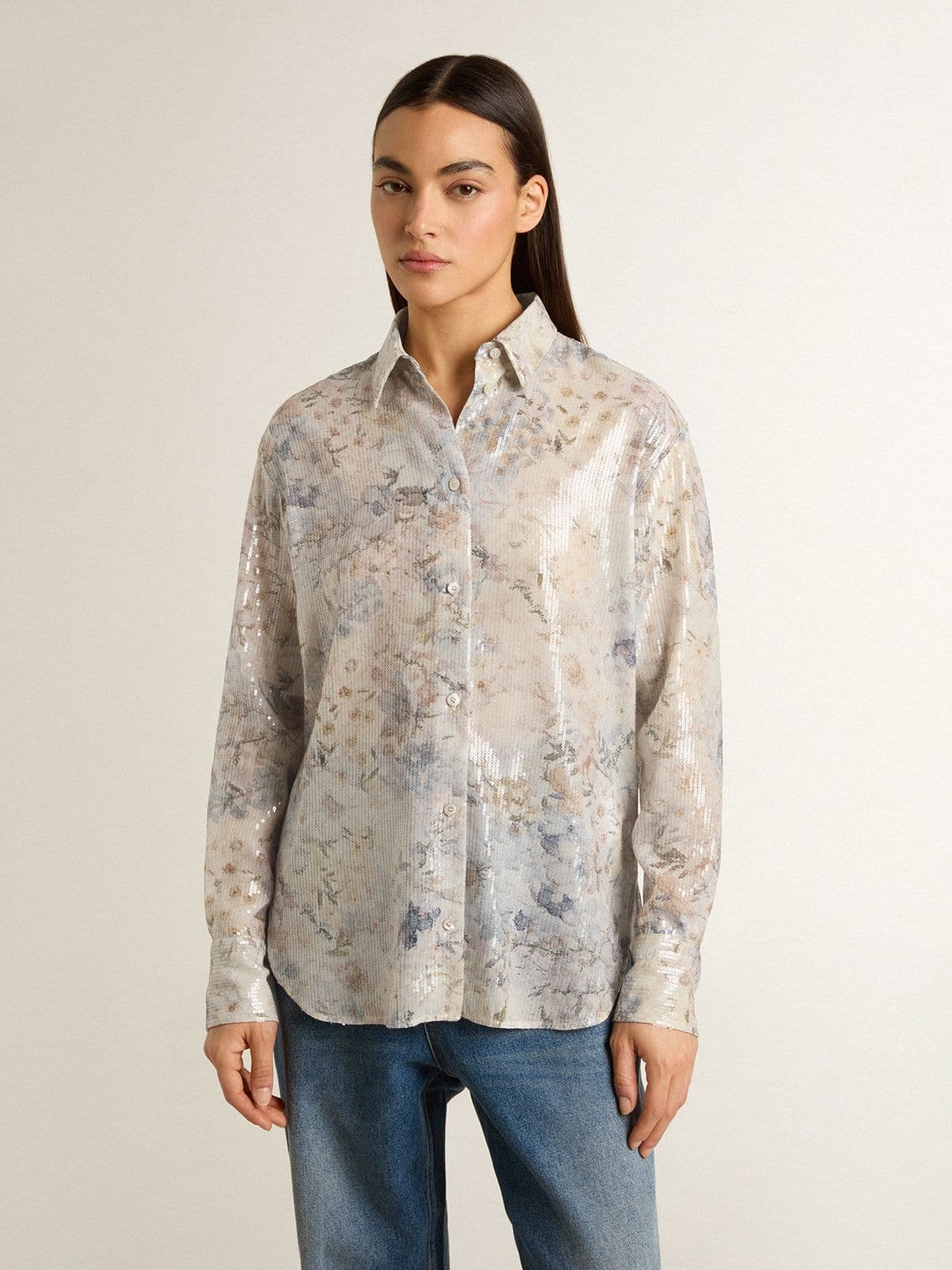 Women's shirt with multicolor floral sequin print
