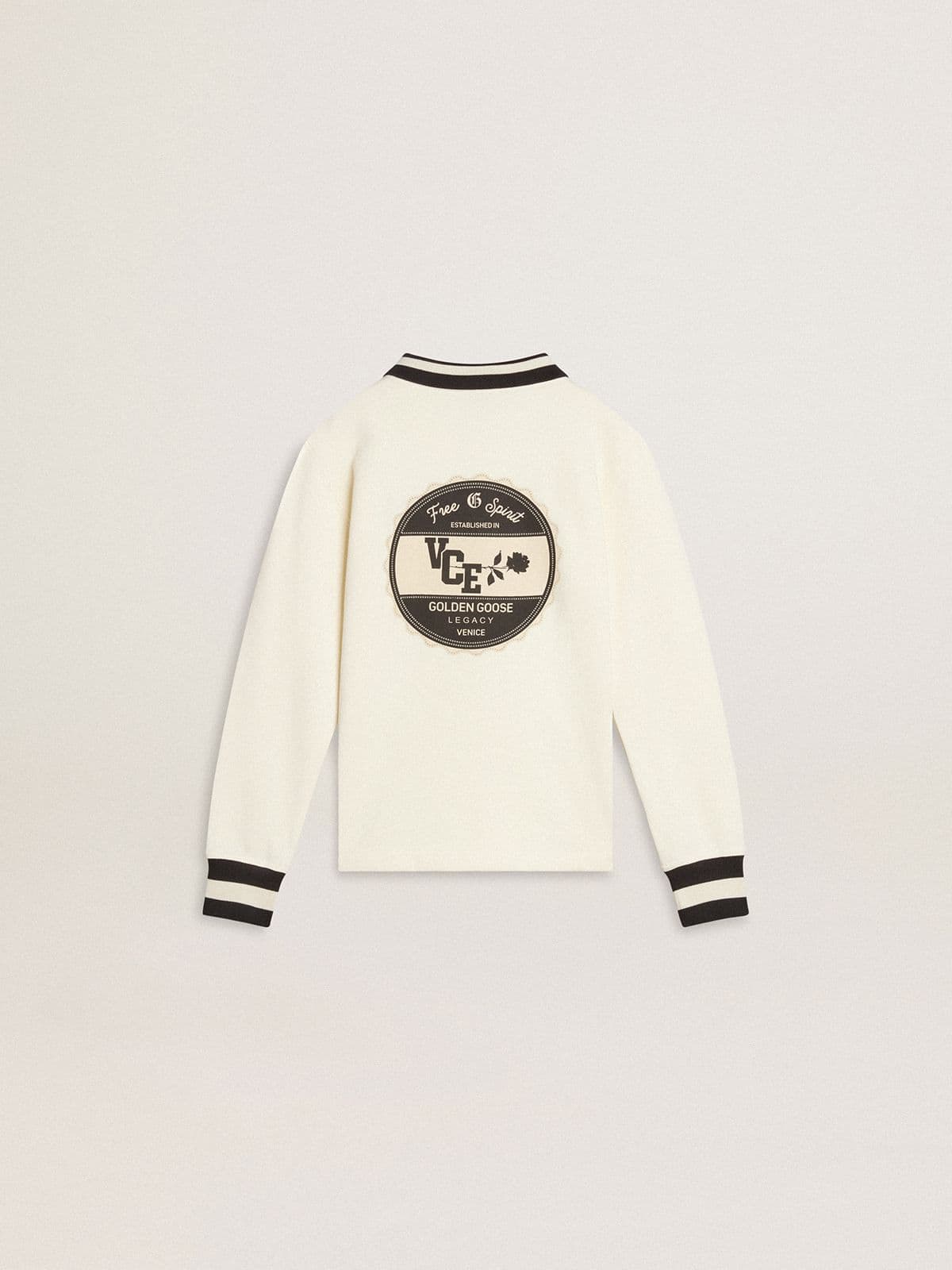 Kids white cotton polo sweatshirt with embroidery on the chest and print on the back