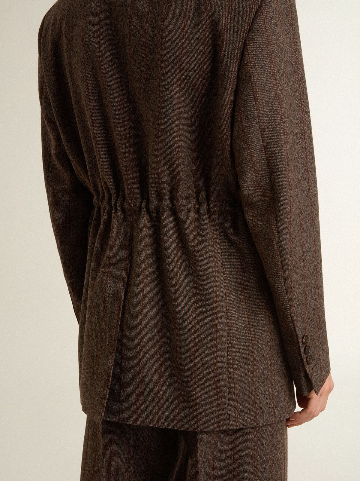 Women's double-breasted blazer in dark brown wool with thin stripe pattern