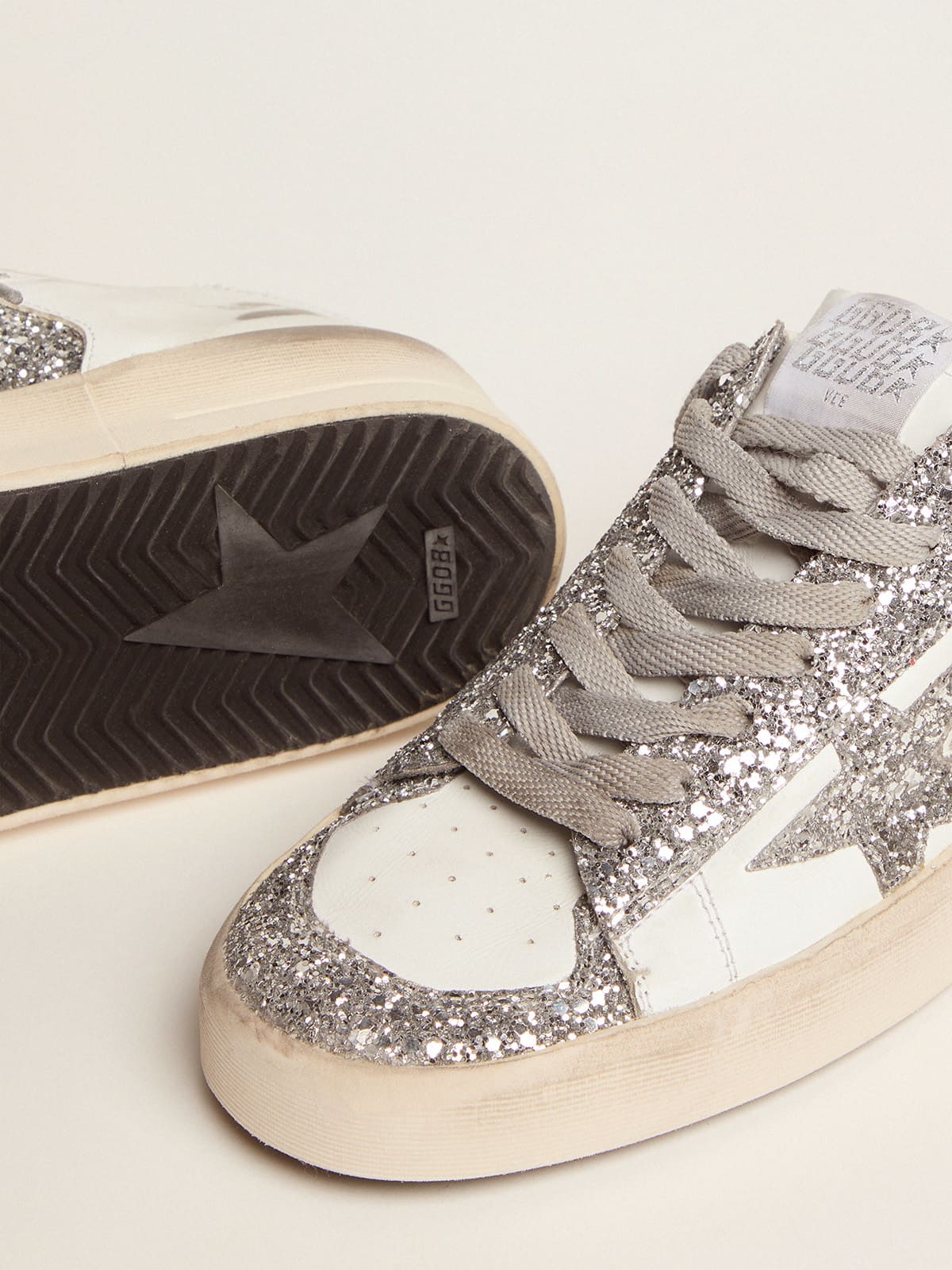 Women's Stardan in white leather and glitter