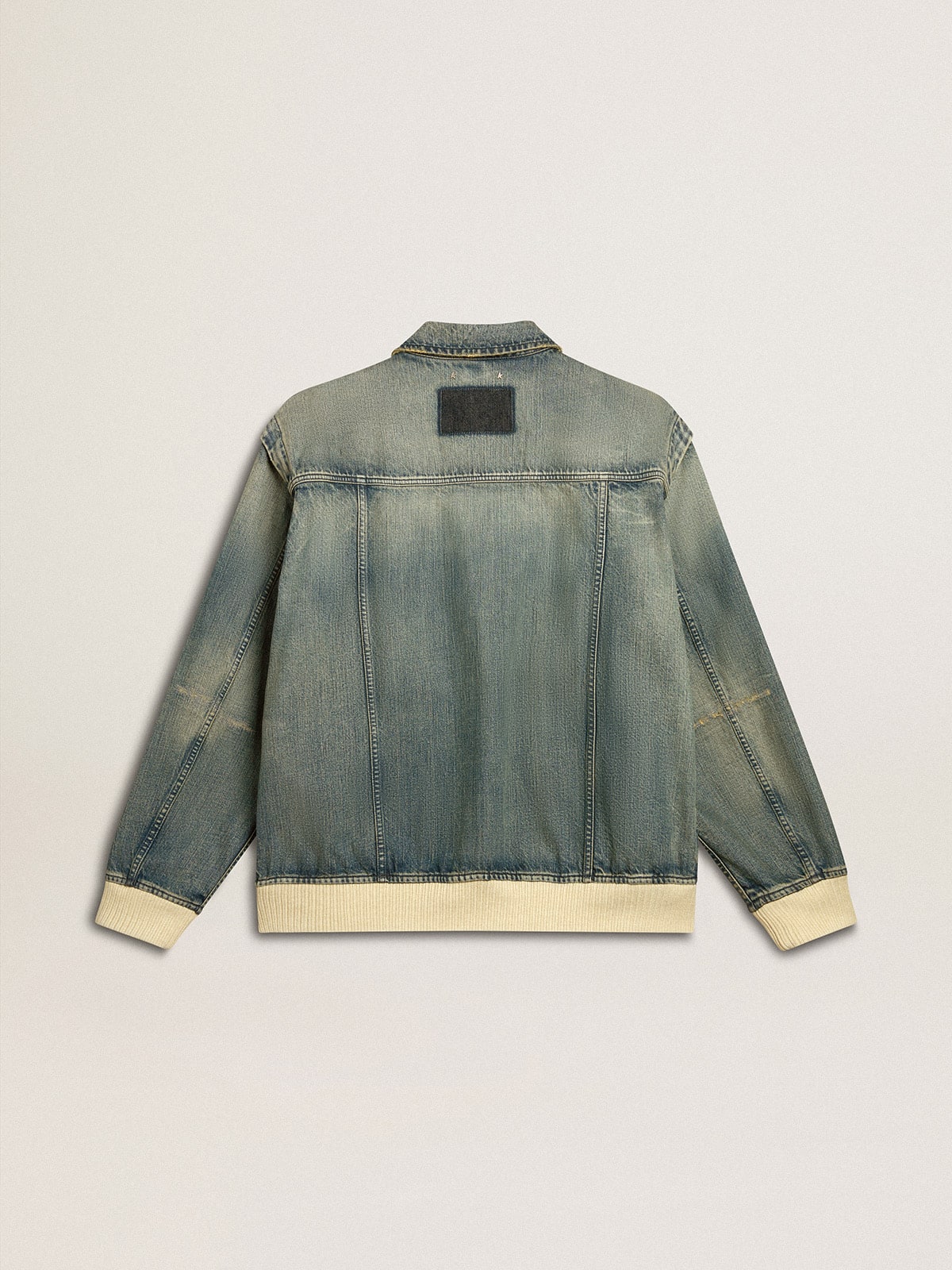 Men's washed denim jacket with wool blend ribbing