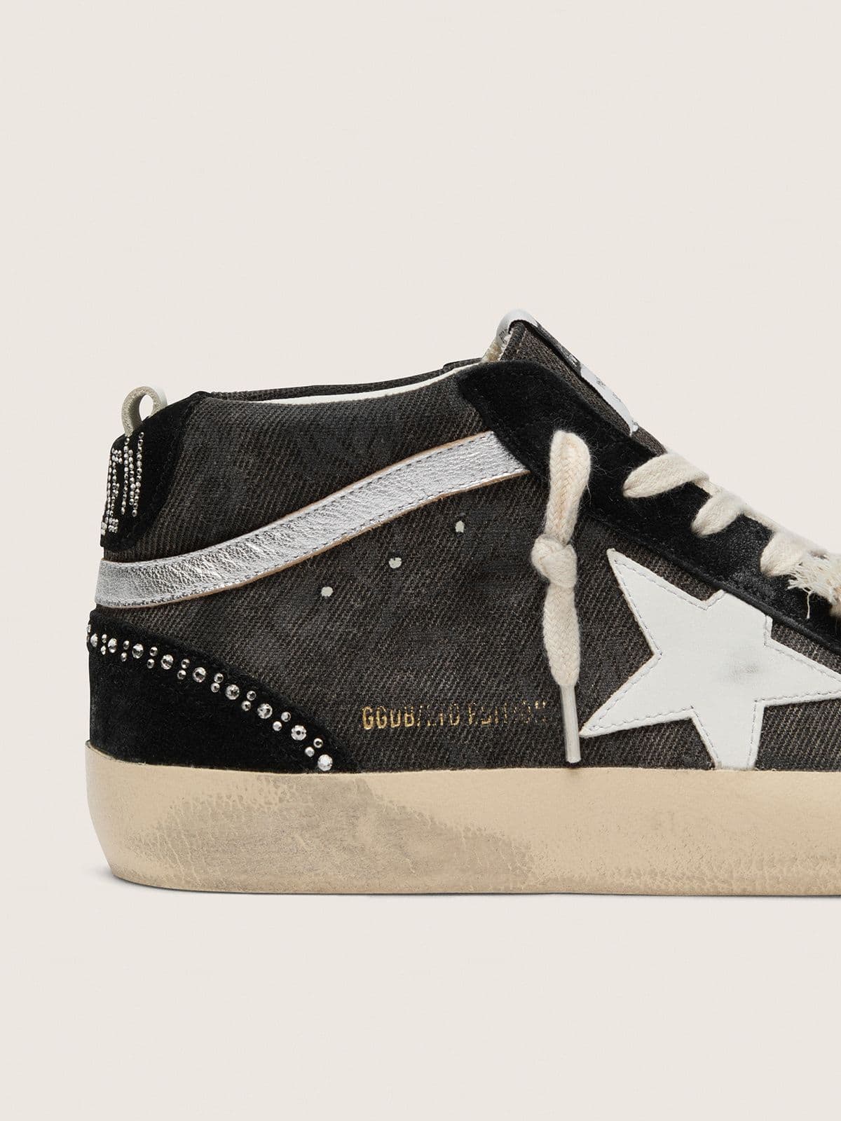 Mid Star LTD in black denim with suede inserts with Swarovski crystals