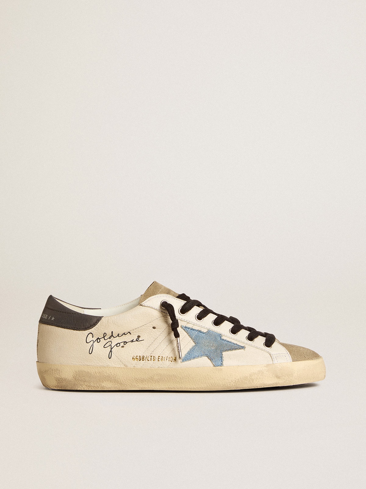 Super-Star in nappa leather with light blue suede star and gray leather heel tab