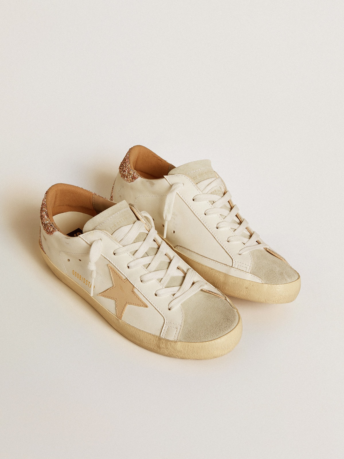 Women's Super-Star with nude leather star and gold glitter heel tab
