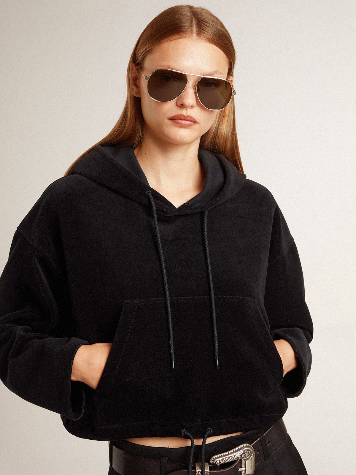 Women’s black chenille sweatshirt with embroidery on the back