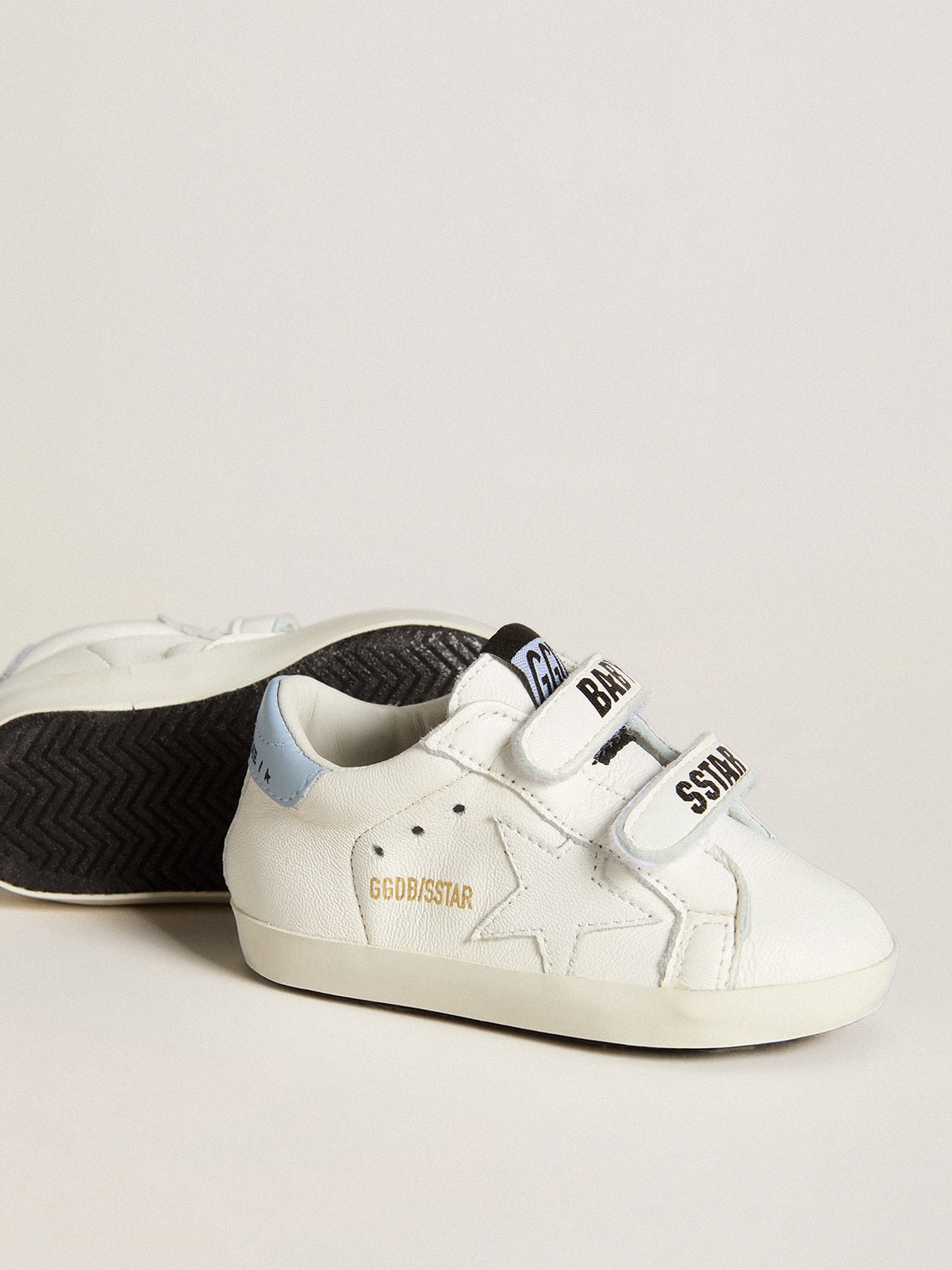 Baby School set in white nappa with light blue leather heel tab