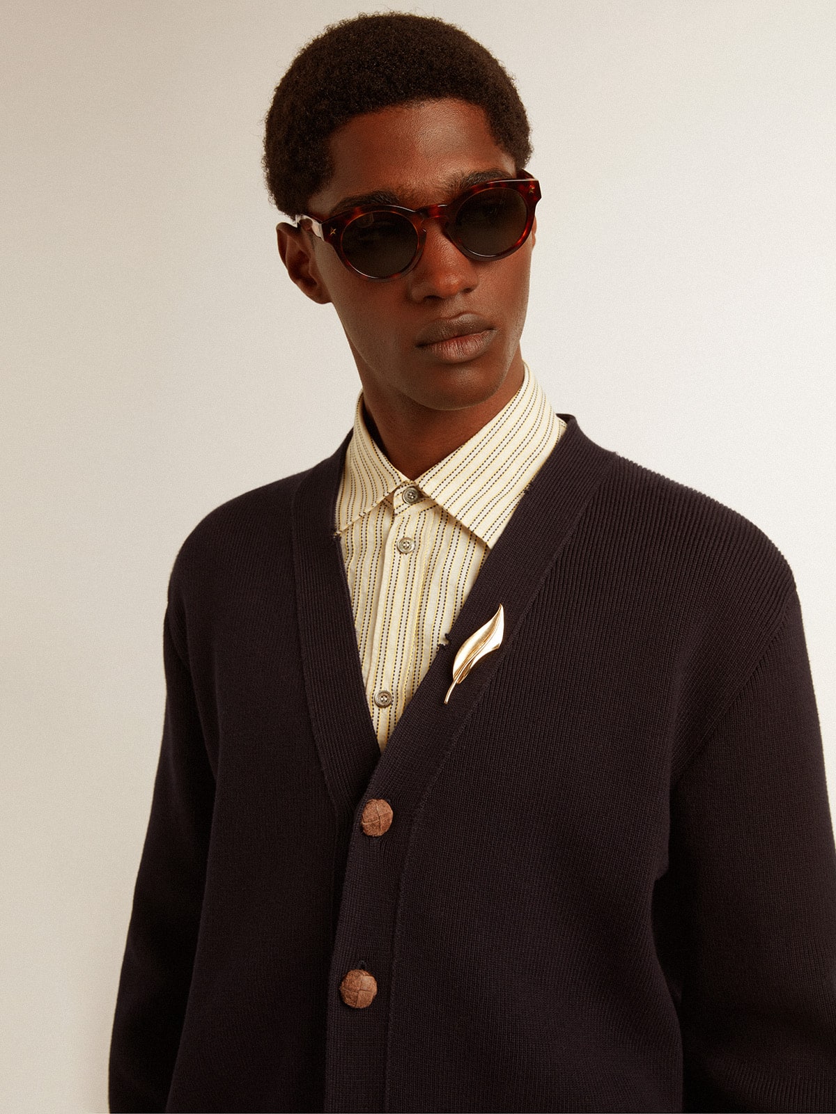 Golden Collection cardigan in dark blue cotton with a distressed finish