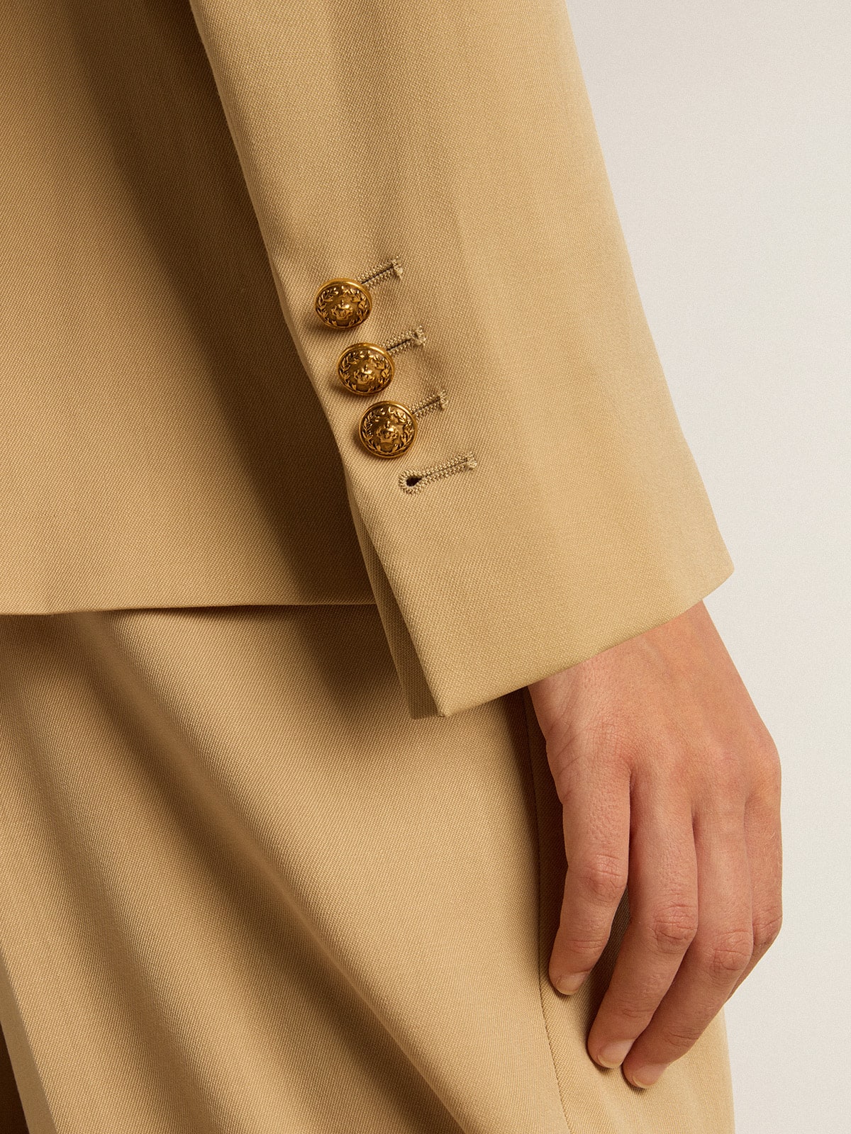 Women’s double-breasted blazer in sand with gold heraldic buttons