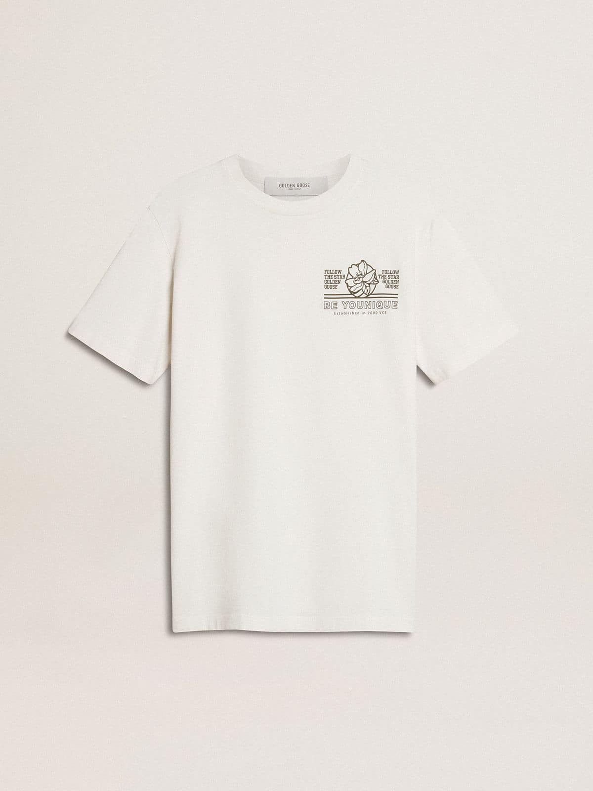 Women's white T-shirt with black print on the chest